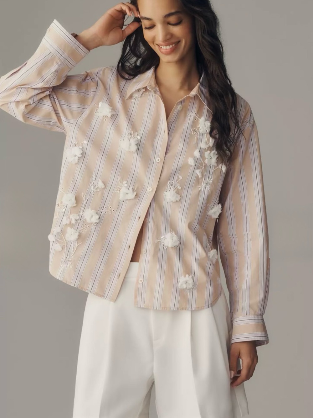 Anthropologie Maeve Bennet Purple Stripe Floral Shrunken Embellished Shirt L NWT - Picture 8 of 15